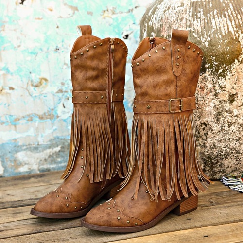 Women Tassel Boots, Knight Boots, Mid-Calf Boots, Large Women's 42
