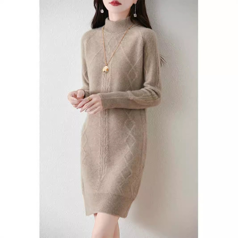 Mid-length Half-turtleneck Sweater Women's Autumn and Winter New 100 Wool dress Loose Thickened Cashmere Base Skirt Trendy