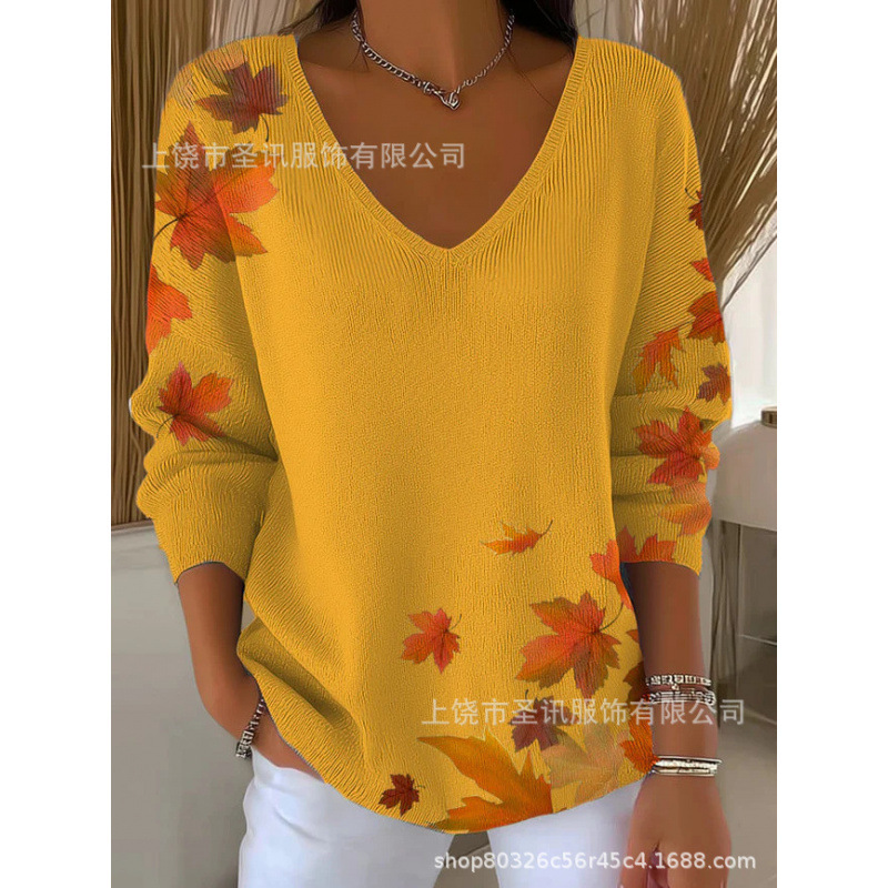 欧美跨境独立站新款3D印花女士时尚渐变色V领长袖T恤上衣|undefined
