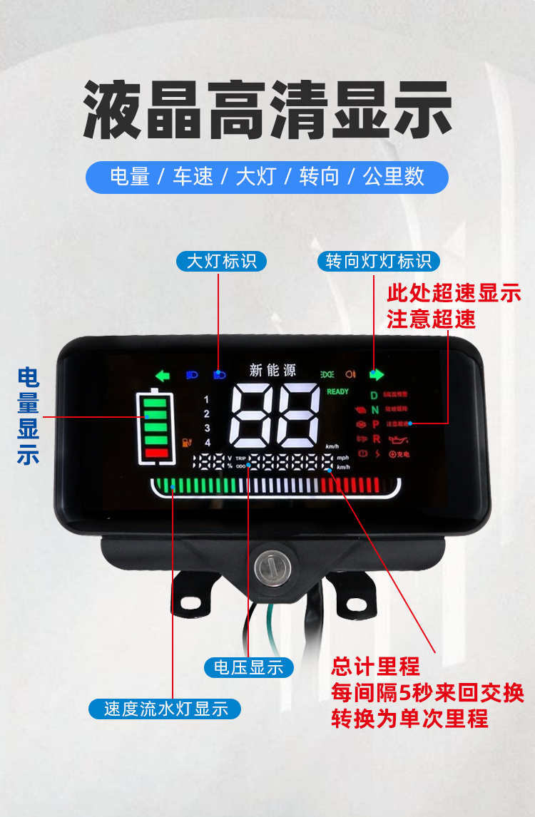 Electric tricycle dashboard 48v60v72V universal electric vehicle LCD instrument assembly electric meter odometer