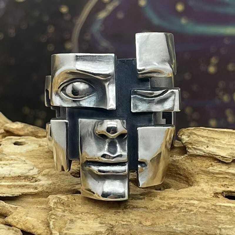 New Vintage Personality Ring Design Personality Split Mask Ring Abstract Zinc Alloy Opening Adjustable Ring New Vintage Personality Ring Design Personality Split Mask Ring Abstract Zinc Alloy Opening Adjustable Ring