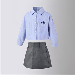 洋氣減齡刺繡長袖條紋藍色襯衫女童春秋季polo領襯衣修身上衣