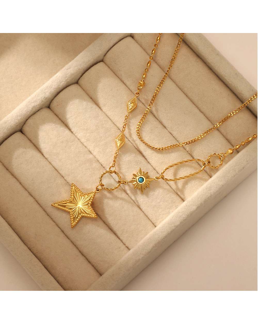 Fashion Pentagram Stainless Steel Gold Plated Turquoise Layered Necklaces