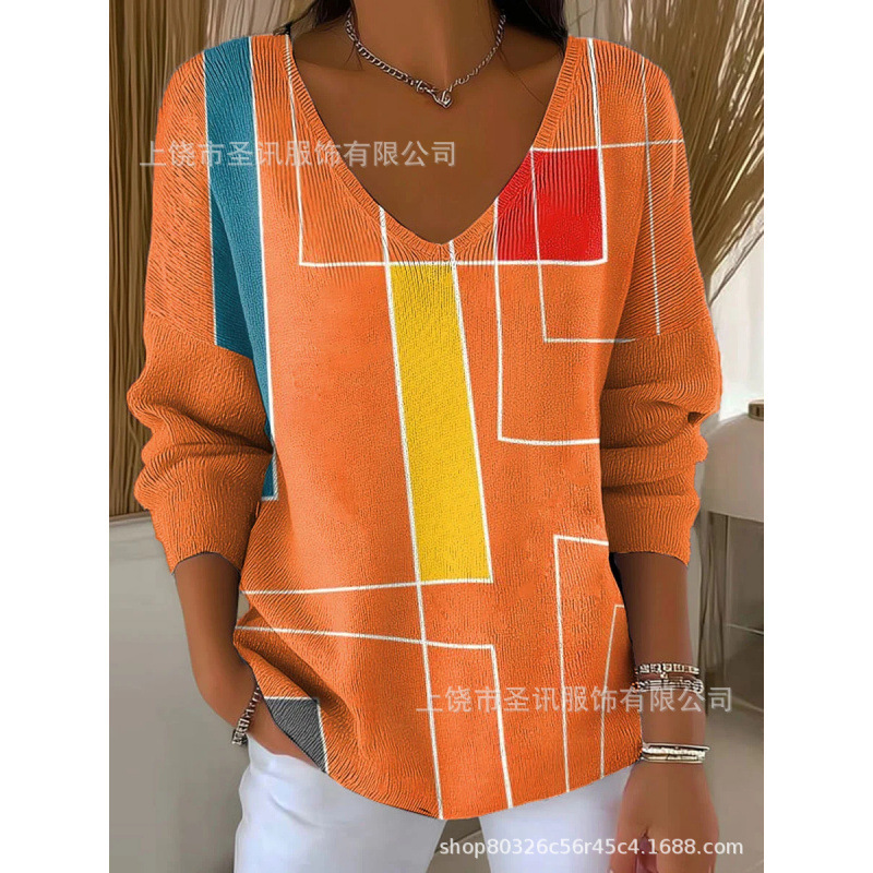 欧美跨境独立站新款3D印花女士时尚渐变色V领长袖T恤上衣|undefined