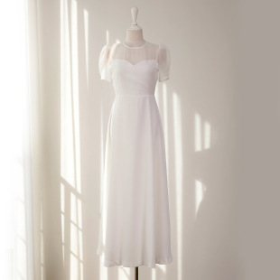 Evening dress white mid-length slim-fit slimming banquet temperament engagement license can be worn at ordinary times dress light wedding dress