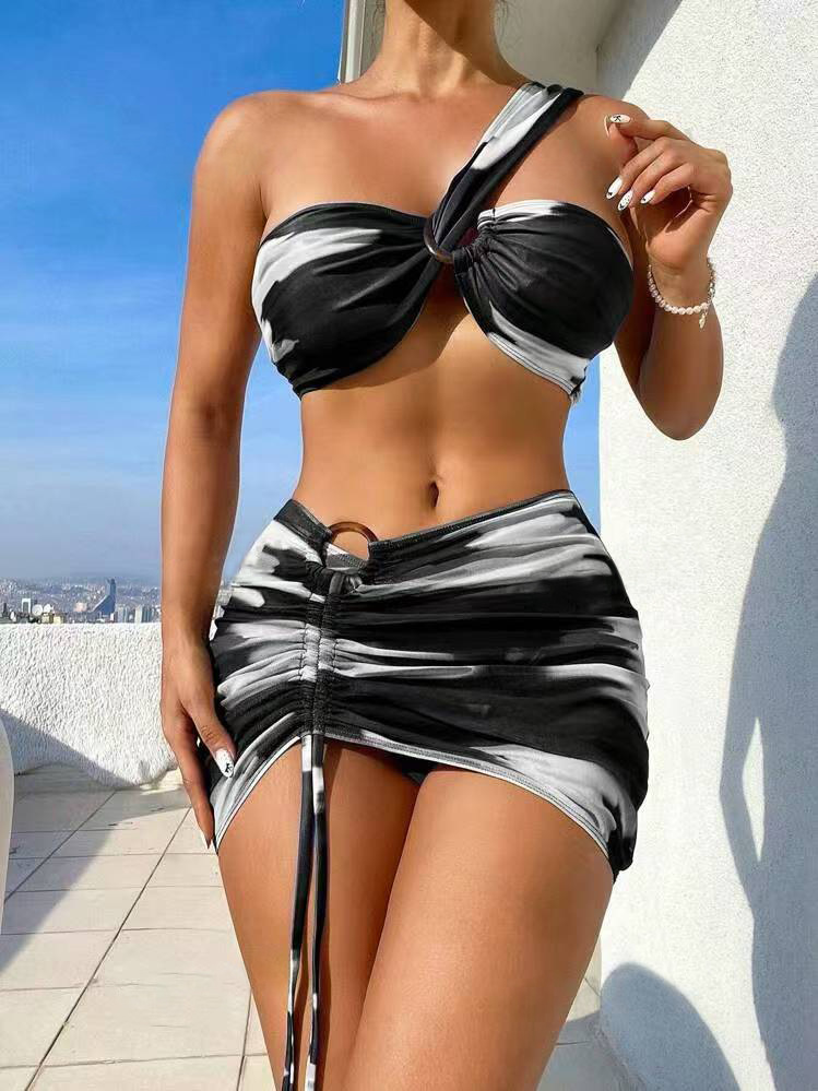 140g Weight Sleeveless Sleeve Length Polyester Fabric Type 3 Pieces Set Quantity Swimming Occasion One Shoulder Neckline Skinny Fit Type Colorful Pattern Women's Gender Sexy Style Women's Sexy Colorful 3 Pieces Set Bikinis Swimwear 8