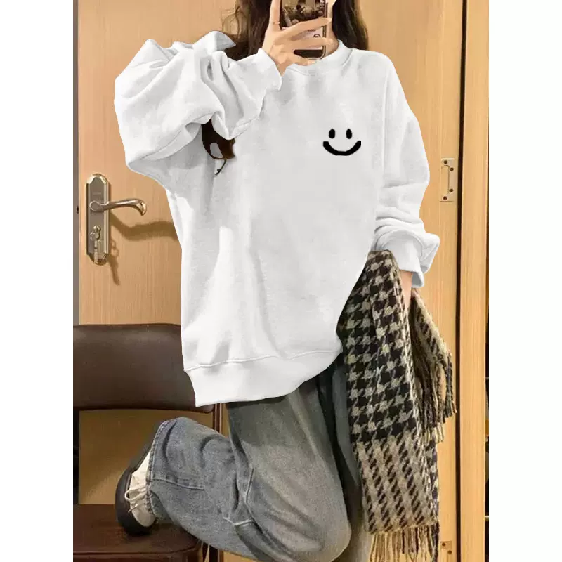 无帽卫衣女春秋冬薄款2024新款时尚宽松大码胖mm圆领正肩长袖上衣