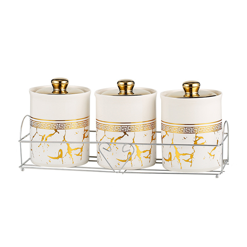 Tanque de sellado de cerámica exportado transfronterizo tanque de almacenamiento cubierta de madera tanque de almacenamiento de té de cocina condimento lata de café set