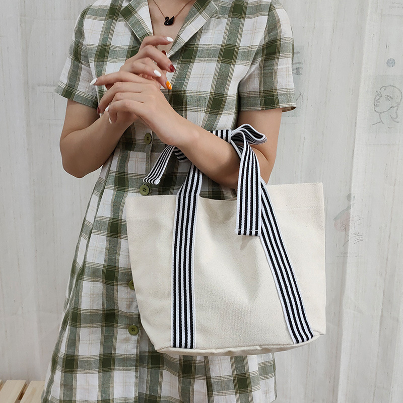 Korean Bow Canvas Bag Handbag Casual Contrasting Color Student Lunch Tote Canvas Hand-Held Storage Bag
