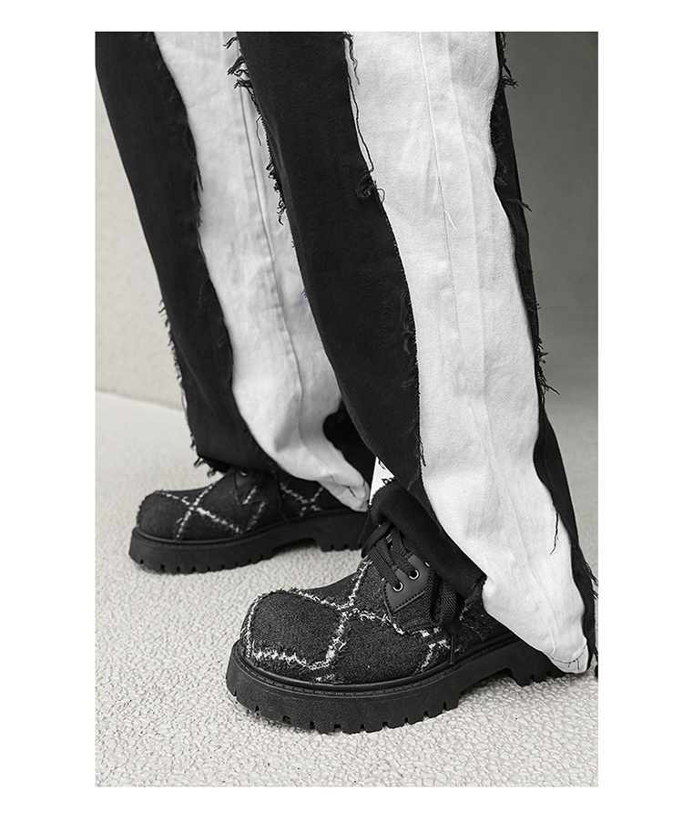 Baskets ShoeVault pour homme, collection automne, en toile noire délavée, semelle épaisse rehaussante, style derby décontracté._voghion.com