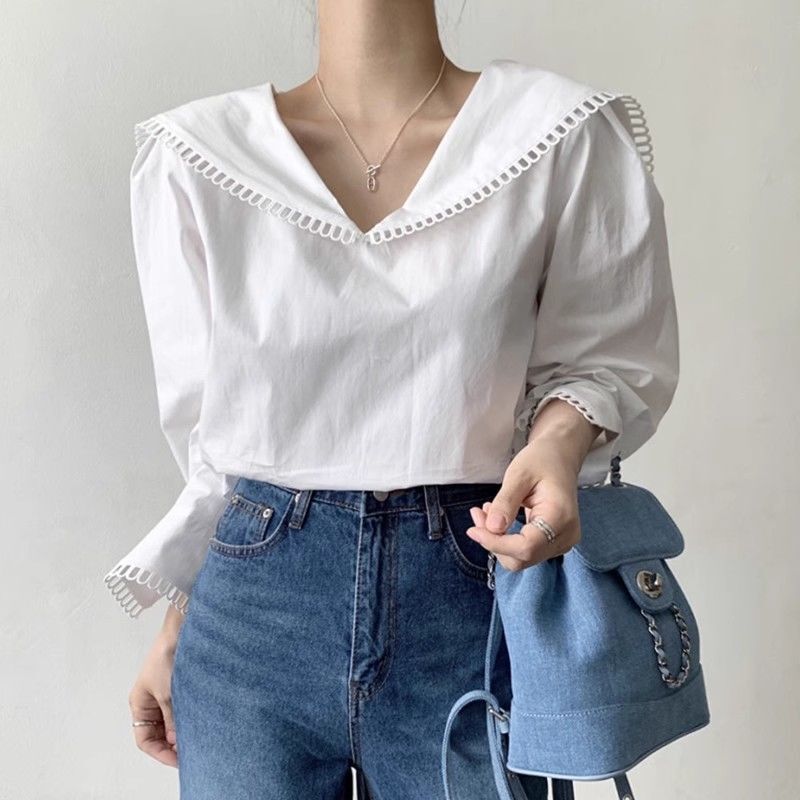 South Korea 2024 Spring French Age-reducing Navy Collar Stitching Hollow Lace Loose Casual All-match Long-sleeved Shirt for Women South Korea 2024 Spring French Age-reducing Navy Collar Stitching Hollow Lace Loose Casual All-match Long-sleeved Shirt for Women