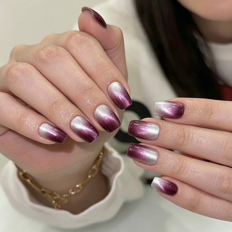 Cross-Border Popular Grape Purple Gradient Cat Eye Wearable Nail Art Finished Product, Nail Art That Makes Skin Look White, Hot Girl Style Handmade Fake Nail Patches