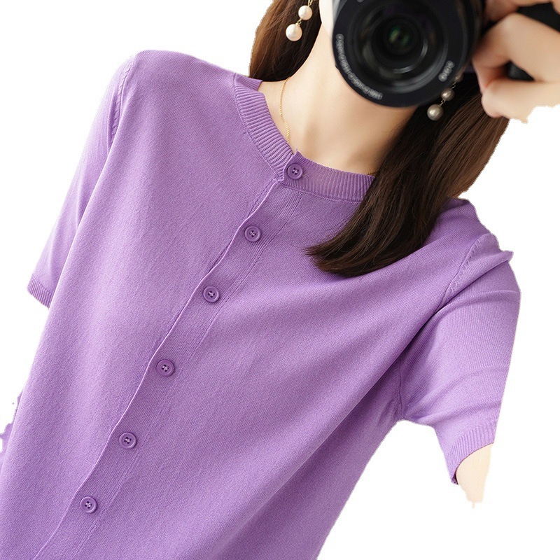 summer knitted silk cardigan with a round collar
