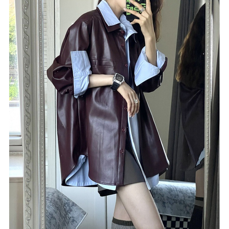 2026 Autumn/Winter New Grape Purple Pu Leather Jacket Women's Retro Jacket Versatile Shirt Fashion Set