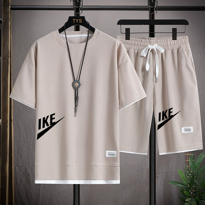 Вафугская футболка с короткими рукавами для мужчин повседневный спортивный набор оптом летом свободная фальшивая две футболки с половиной рукава набор из двух частей