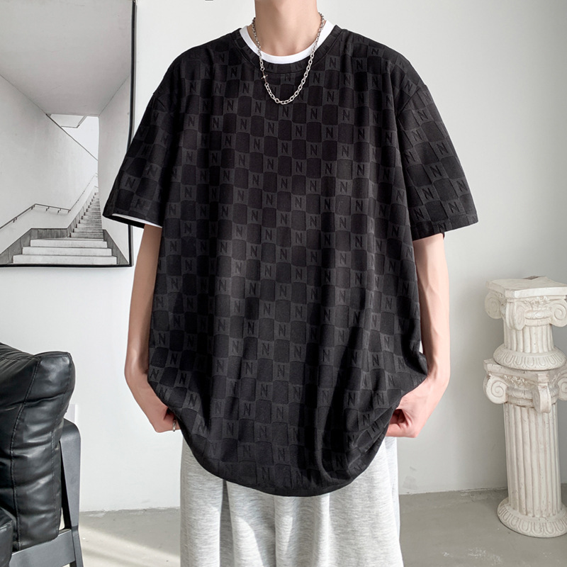 Nicho de diseño texturizado jacquard hombre de manga corta estilo de Hong Kong tendencia de verano transpirable camiseta casual abrigo image 7