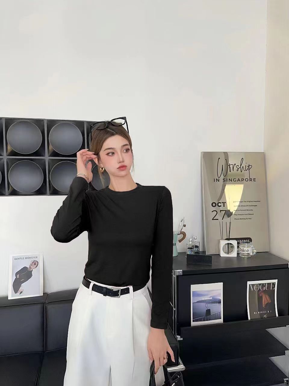모달 고탄성 라운드넥 긴소매 블랙