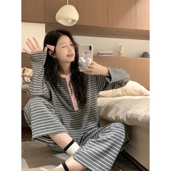 睡衣女风秋冬季裤韩版简约休闲运动条纹长袖长裤家居服两件套