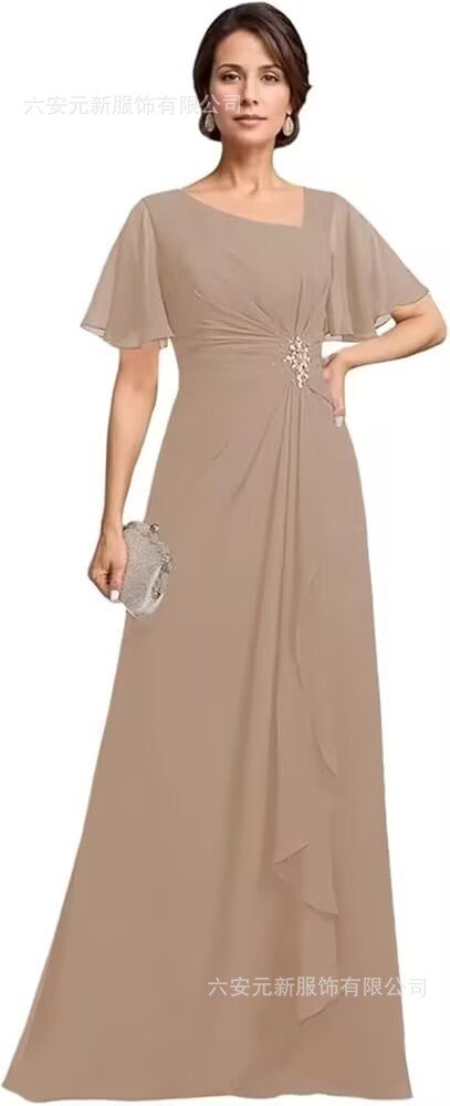 Vestido de novia de gasa de Amazon vestido de madre mariposa de manga corta plisada larga aplicación vestido de invitado de boda