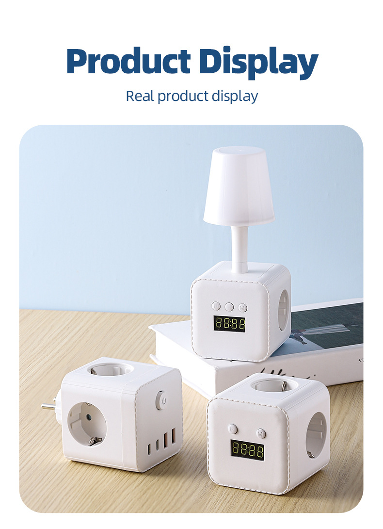 European Standard USB Cube Socket With Night Light/time Display/converter, Compact Multi-functional Power Strip For Home_voghion.com