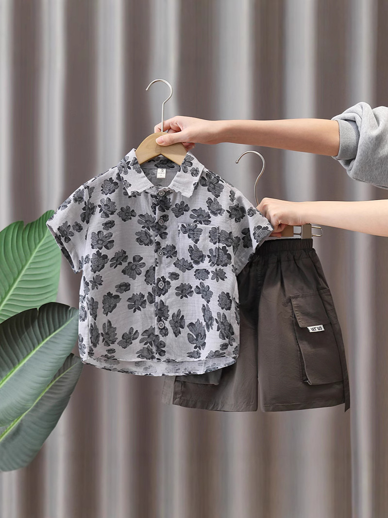 Conjunto de Verano para Niños 7319, Camisa Floral de Manga Corta y Pantalones Cortos, Modelo 2026, Conjunto de Dos Piezas Ligero para Niños