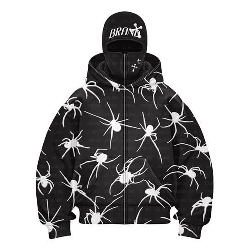 Oumier New Fashion Y2K Personality Street Spider Print Couple Giacca antivento con cappuccio doppio e mascherina_voghion.com