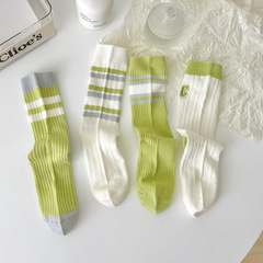 2023 Spring and Summer Double-Needle Green Series Zhuji Women's Crew Socks with Embroidery Leisure Ladies Socks Wholesale
