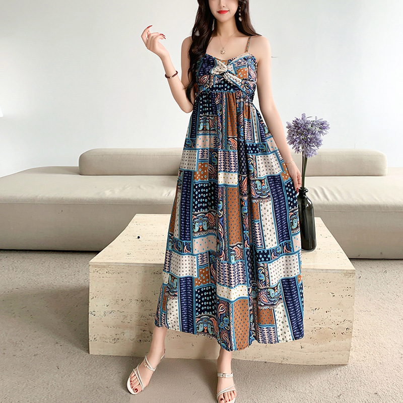 夏ボヘミアン花柄サスペンダースカート東南アジアレーヨンシルクスカートノースリーブプリント海辺休暇ロングスカート|undefined
