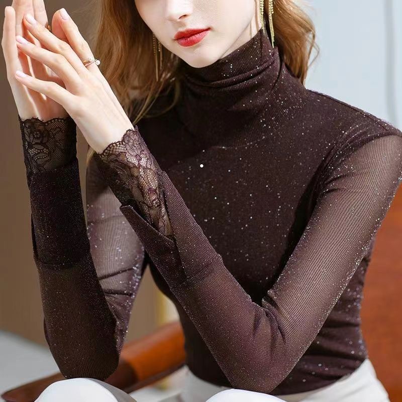Fleece-Lined European-Style Mesh Base Shirt, Autumn and Winter French Lace Trim T-Shirt, 2022 New High-Neck Fashionable Women's Clothing Fleece-Lined European-Style Mesh Base Shirt, Autumn and Winter French Lace Trim T-Shirt, 2022 New High-Neck Fashionable Women's Clothing