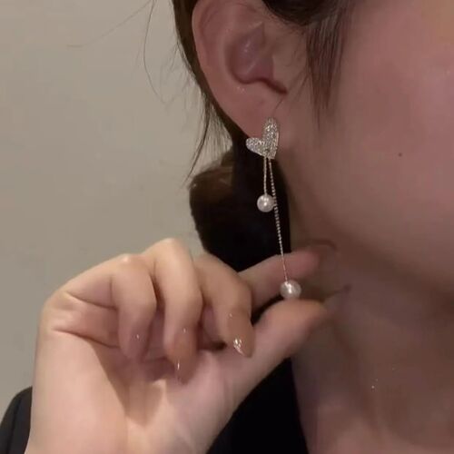 New 925 silver needle full diamond heart-shaped pearl earrings, tassel long rhinestone love niche design earrings