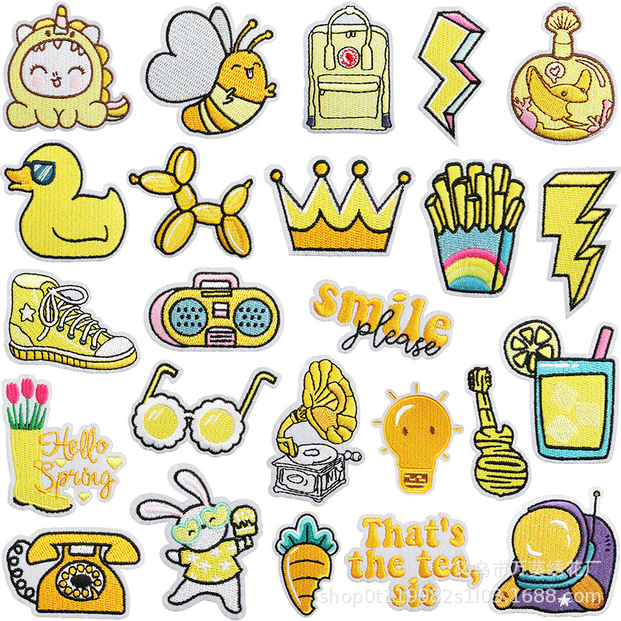 黄色薯条刺绣布贴卡通雨靴补丁贴时尚装饰刺绣贴小蜜蜂章仔绣花贴