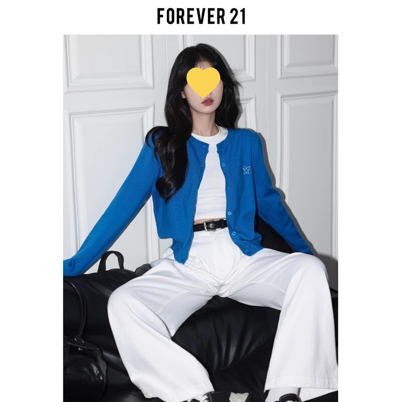 Forever21 Klein Blue Chic Embroidered Knitted Cardigan Women's Ins Loose Top Lazy Relaxed Sweater