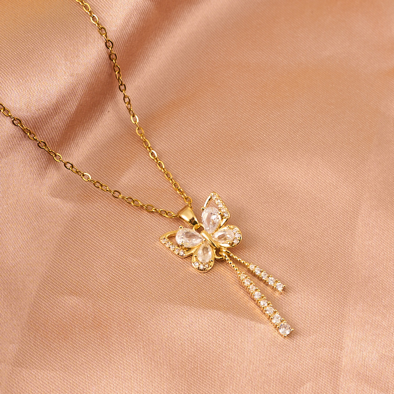 Butterfly Tassel Light Luxury Temperament Gorgeous Full Diamond Necklace Women's Easiest for Match Clavicle Chain