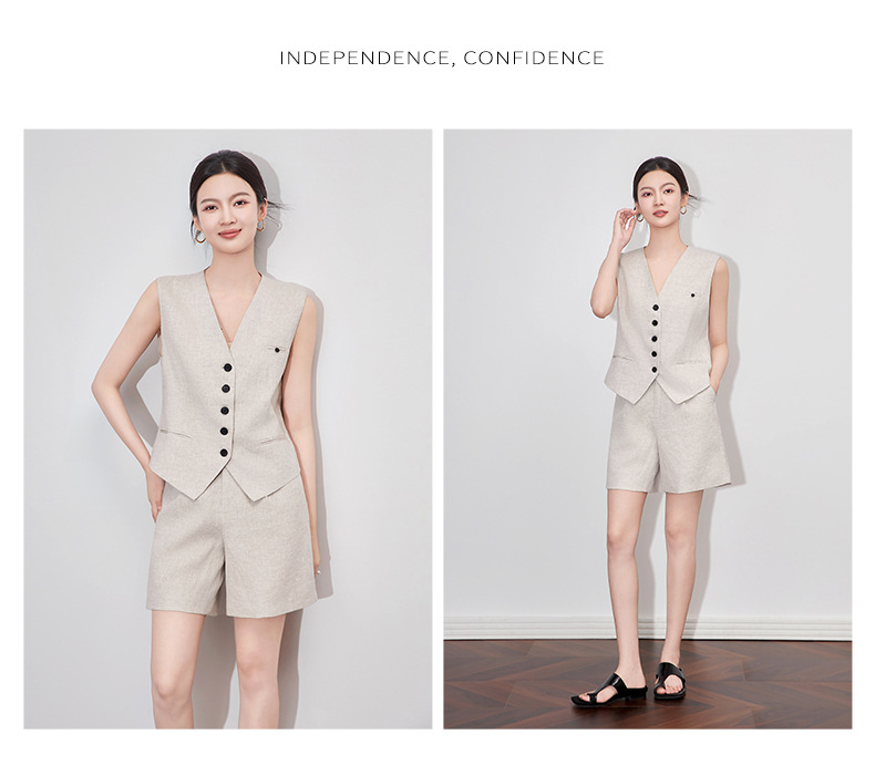 Bộ vest nữ cổ chữ V hai mảnh vải lanh đi làm mùa hè — Màu mơ chi tiết 8
