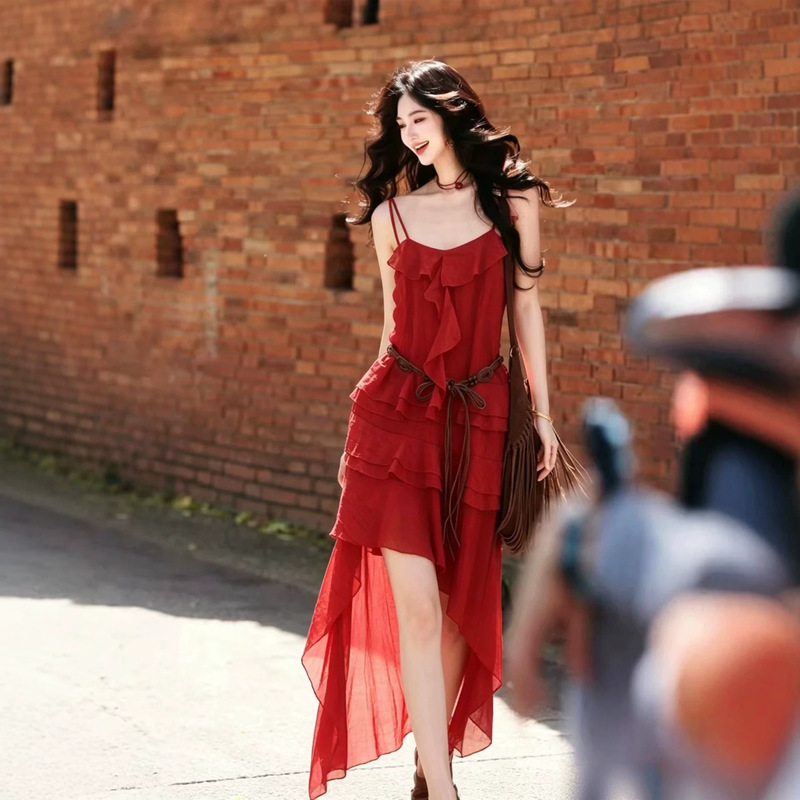 In Stock: Stylish Solid Color Belted Spaghetti Strap Dress for Women, Summer Elegant Irregular Holiday Ethnic Style Dress