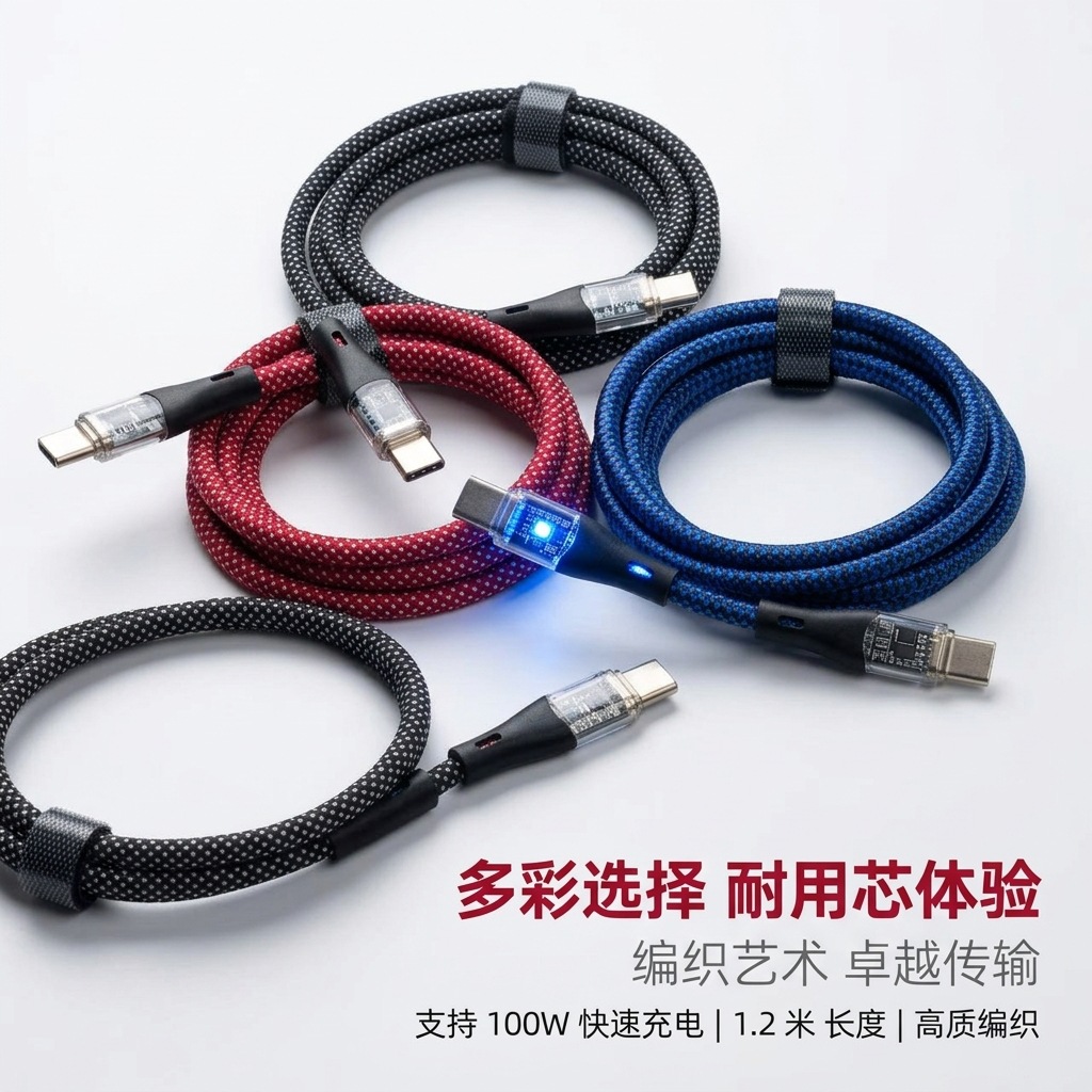 100W透明壳编织数据线PD20W适用苹果1516华为闪充带灯充电线