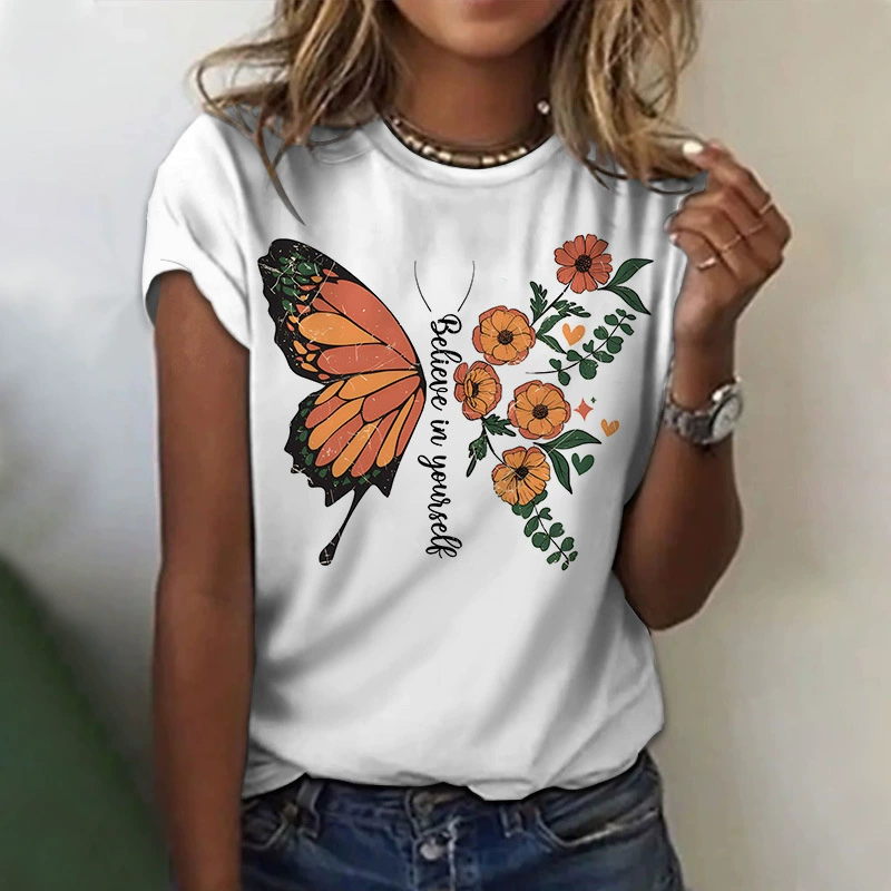 Женская футболка с круглым вырезом AliExpress Amazon, летняя свободная футболка с 3D цифровым принтом, вышитая с рисунком бабочки и мультяшным принтом
