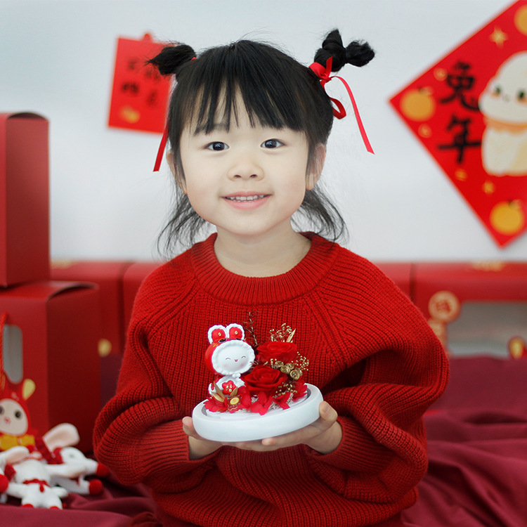 Cubierta de vidrio flor eterna bendición conejo en stock flor seca al por mayor regalo de San Valentín rosa regalo de Año Nuevo
