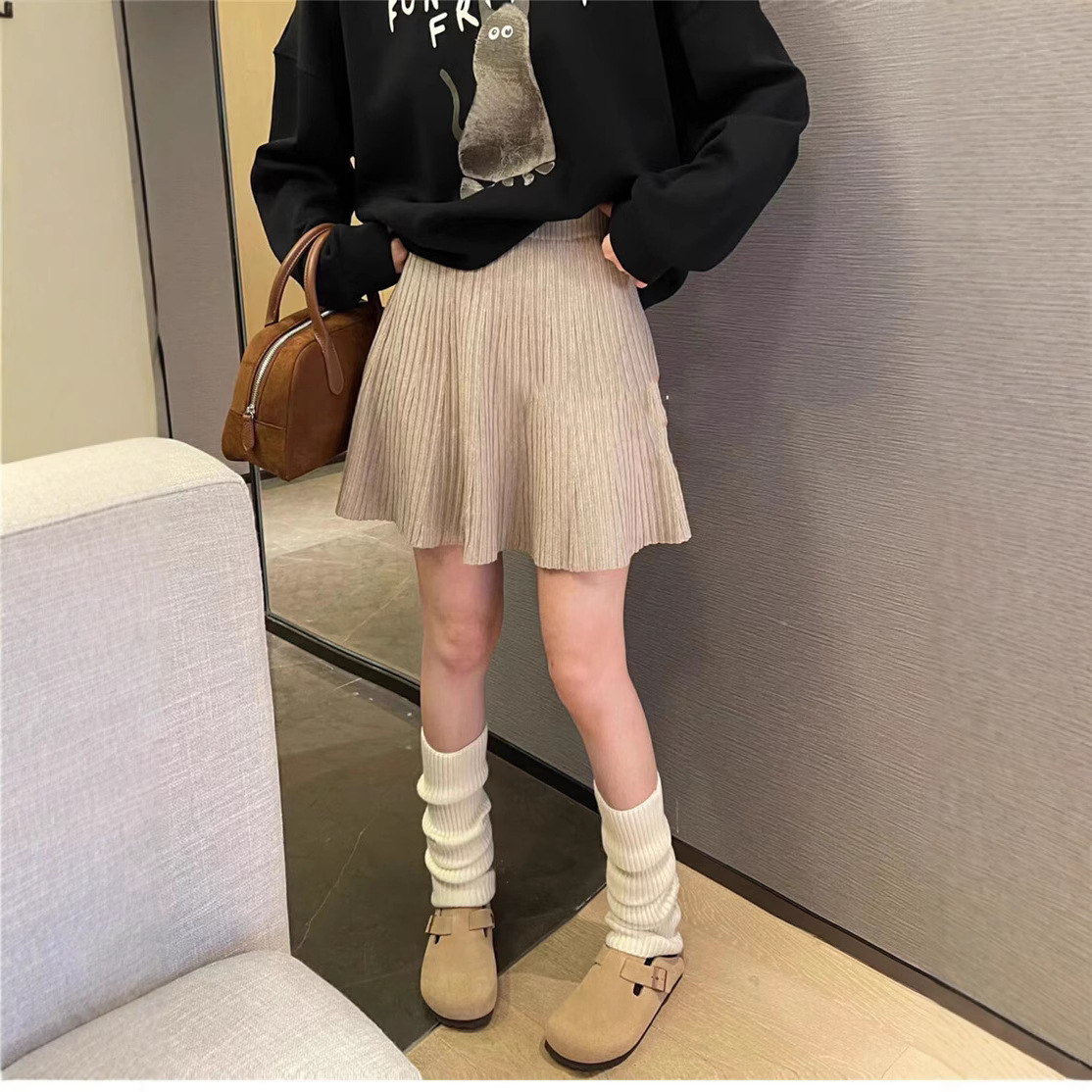秋冬女装新款 日韩辣妹时尚性感JK学院风针织毛线A字半身百褶短裙
