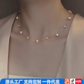 纯银满天星珍珠项链女S925纯银施家正圆轻奢小众感锁骨链毛衣链