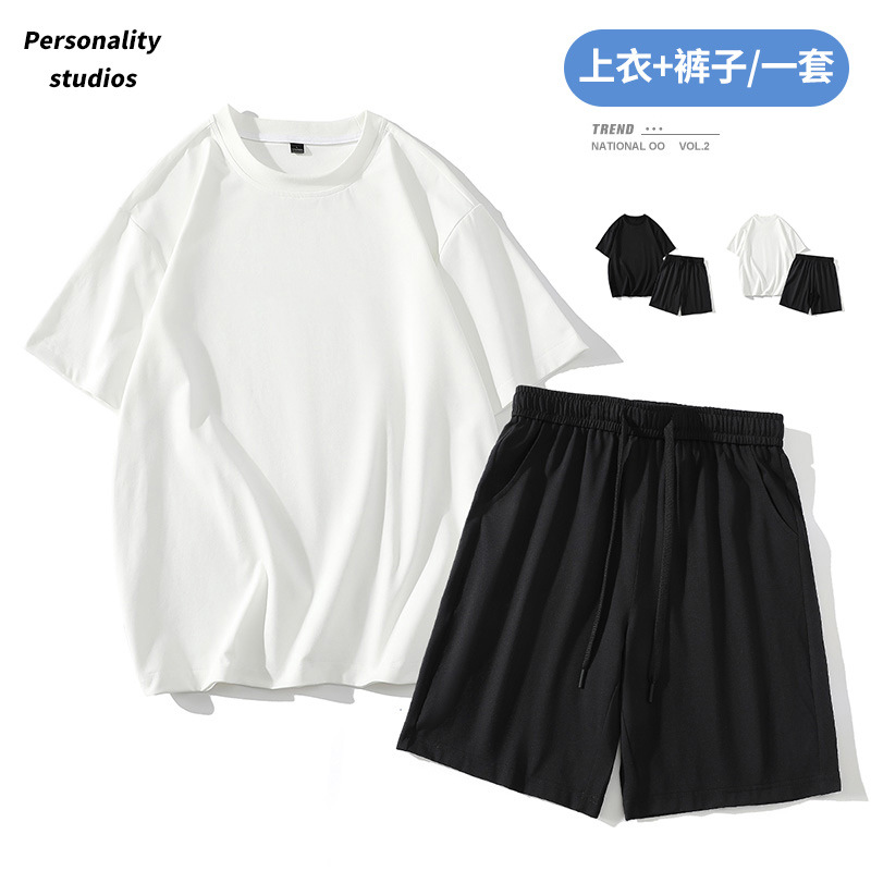 TEMU Japanese Style Simple Loose Round Neck T-Shirt Five-point Pants suit Men's Summer Solid Color Micro-elastic Casual Sports suit