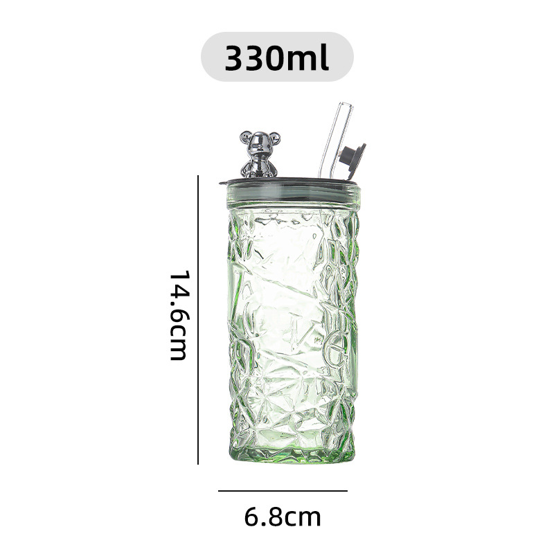 Vaso de cristal con diseño de oso – taza con tapa y pajita para regalo u oficina
