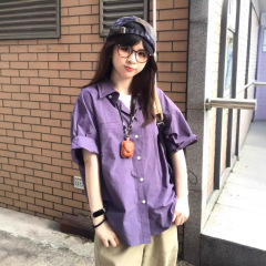 日本文学半袖シャツトップスレディース2025年夏新作ゆったり男女兼用レトロシンプルパープルシャツ