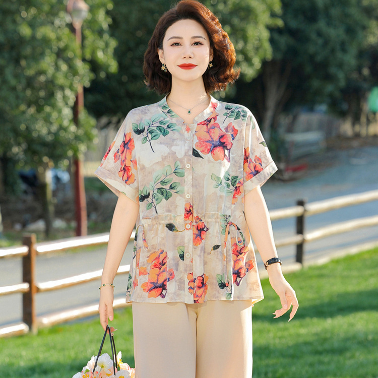 新しい中国風ママサマースーツ、涼しい花柄シャツ、ワイドレディトップス、中年女性のおしゃれなシャツ2点セット|undefined