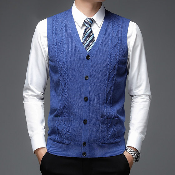 Autumn and Winter Sleeveless Men's Vest Fashion Casual V-Neck Knitted Shoulder Solid Color Vest Middle-aged Knitted Sweater for Men