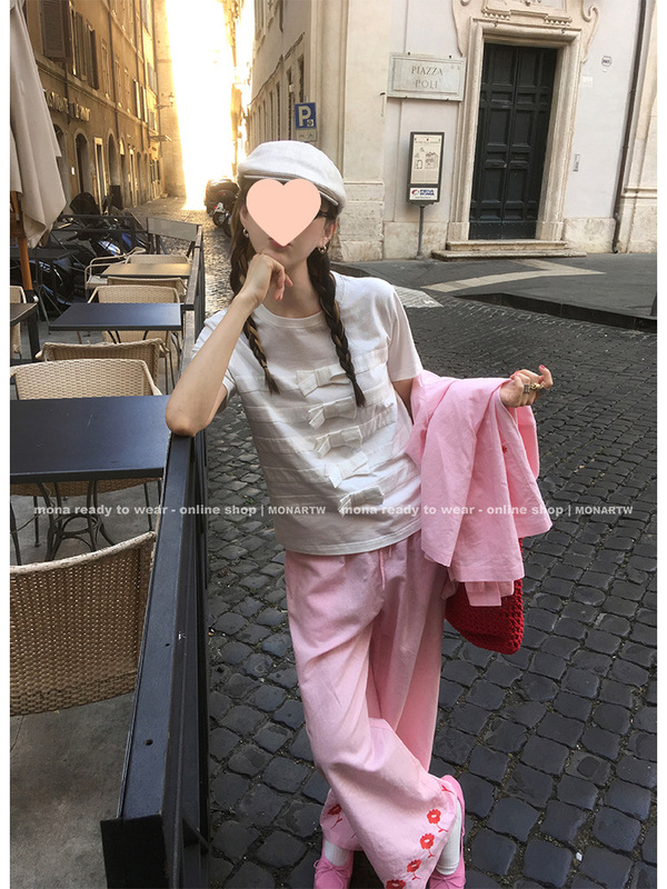 MONA 100棉 蝴蝶结设计黑白蓝色短袖t恤上衣女小个子2025夏季新款|undefined
