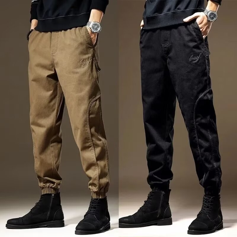 American-style Functional Tactical Leg-binding Men's Trousers Workers' Assembled Martins Boots Pants Casual Nine-point Slim-fit Small Foot Spring and Autumn Buff Handsome