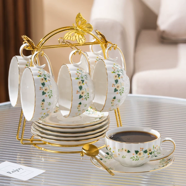 Flower Golden Border 6 cups, 6 disc+shelf+6 spoons