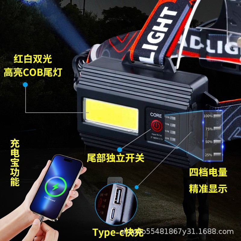 跨境新款LED超长续航强光头灯USB充电户外夜钓防水便携COB头灯|undefined