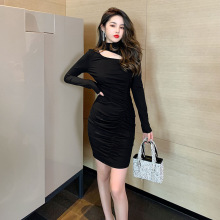 衣服女2025秋装新款跨境小心机镂空褶皱半高领长袖包臀连衣裙5630